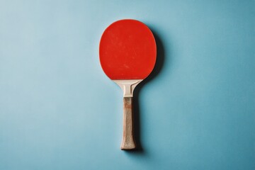 Simple red ping pong paddle on a smooth turquoise background for sport enthusiasts