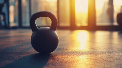 Kettlebell fitness workout in a sunlit gym environment