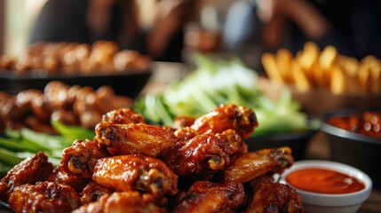 Friends gathered to enjoy a sports event together indulging in delicious chicken wings