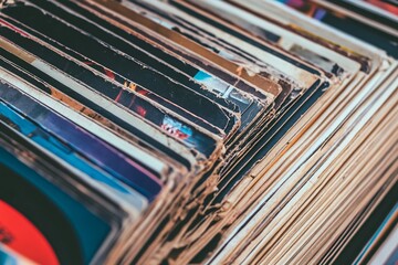 Stack of Vintage Vinyl Records Retro Music Collection Close up