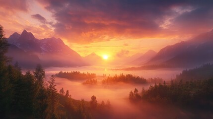 Sunrise illuminating a foggy mountain scenery
