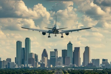Airplane Landing Over Houston Skyline