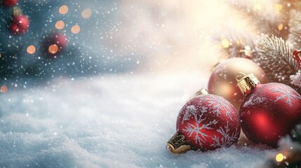 Christmas themed background featuring decorative baubles and a festive layer of snow