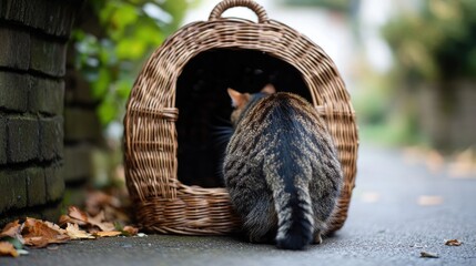 Rear view of a cat entering a wicker basket carrier