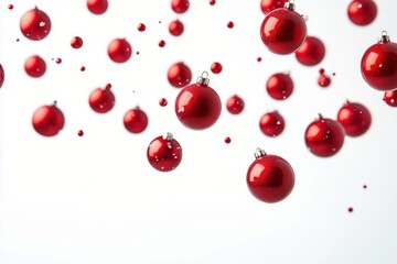 Red glittery Christmas ornament surrounded by falling snow on a white background