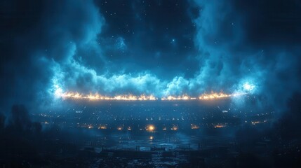 stadium arena illuminated by bright lights, enveloped in swirling smoke against the backdrop of a starry night, creating an electric atmosphere