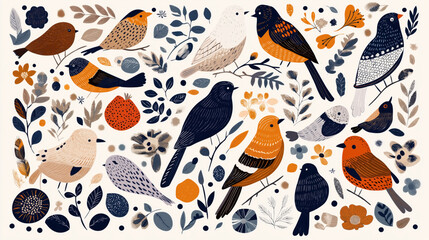 Colorful illustrative pattern featuring various birds and botanical elements in a nature-inspired design with detailed textures and vibrant colors for artistic decoration.