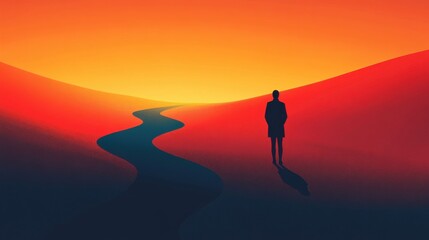 Silhouette of a Person in a Desert Landscape at Sunset