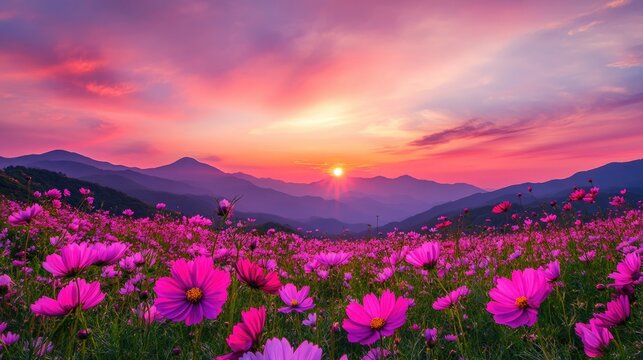 Vibrant landscape featuring a stunning field of pink and red cosmos flowers