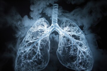 A bright, intricate network of the bronchial passages and alveoli in the lungs, illustrating air flowing smoothly through them, capturing the essence of respiration