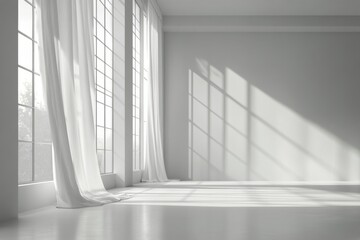 Obraz premium Bright and airy interior with large windows and flowing curtains during morning light