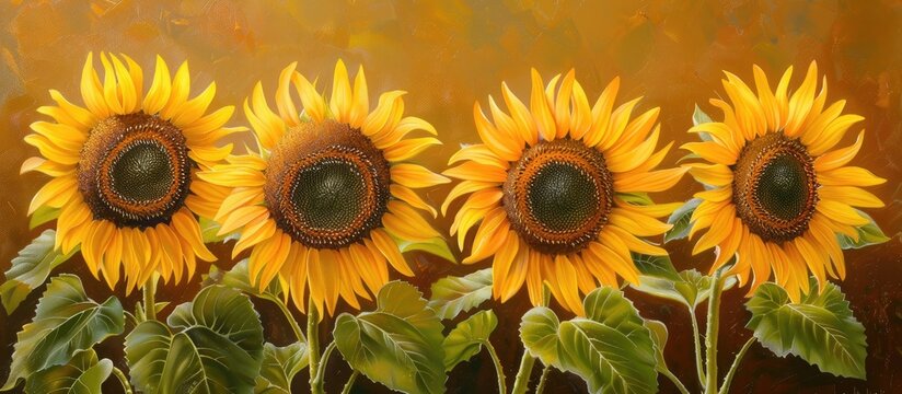 Four Fresh Sunflowers Ready For The Seeds Collection Sunflower Harvest With The Seeds Visible Image