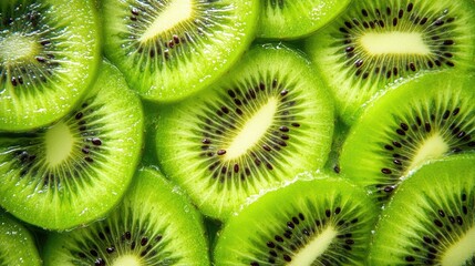 Close up of vibrant green kiwi fruit slices showcasing detailed texture emphasizing healthy eating and the freshness of fruit