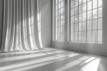 Bright and airy interior with large windows and flowing curtains during morning light