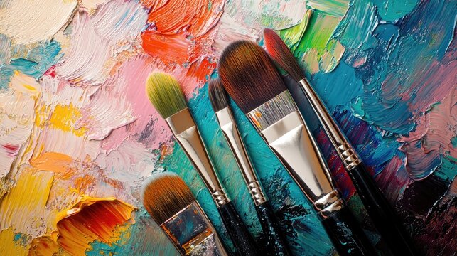 Collection of painting brushes and colors for artists Create artistic backgrounds A soothing stress relieving creative hobby ideal for art therapy