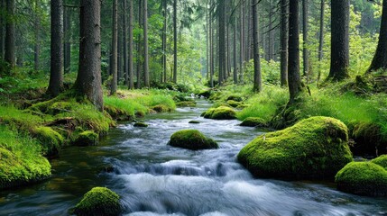 Obraz premium Small River In The Forest With Moss On Rocks