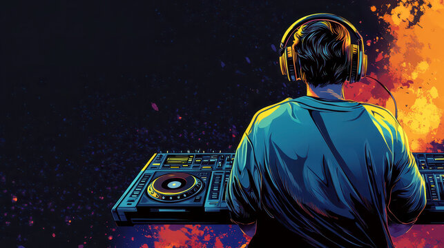 Energetic dj performance celebrating disk jockey day with vibrant music and visuals. Horizontal banner. Copy space. International DJ Day. World Music Day. International Reggae Day. Flat illustration