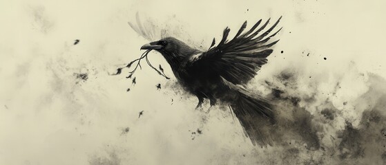 Fototapeta premium A stylized silhouette of a bird in flight, carrying a twig, surrounded by a swirling mist or smoke, evoking themes of nature and freedom.