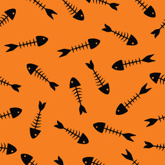 Seamless pattern of fish bones skeleton. Fish bone motif silhouette vector illustration on a orange background