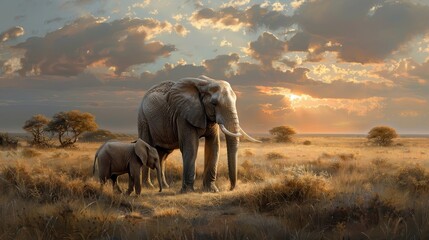 Naklejka premium A mother elephant caresses her calf in the savanna sunset.