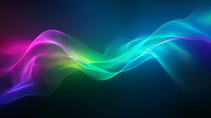 Obraz premium Vibrant, flowing neon light waves in green, blue, and pink against a dark background, creating a dynamic, futuristic effect. Ideal for modern visuals. AI generative.