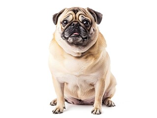 Fototapeta premium Chubby Pug Dog Sitting Contently on White Background with Copyspace