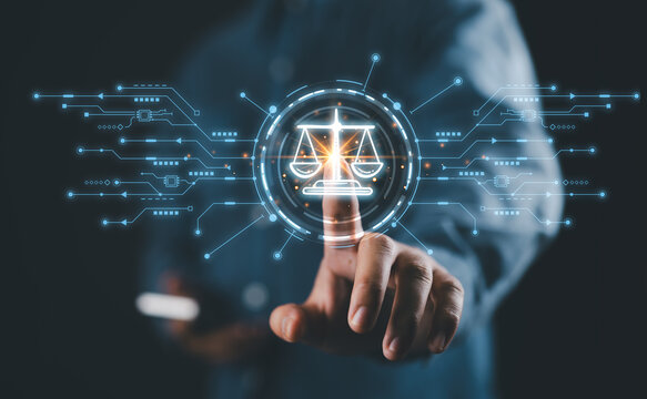 Justice and laws concept. AI ethics or AI law, developing AI codes of ethics. Compliance, regulation, standard and business policy. businessman touching law technology symbol on virtual screen.