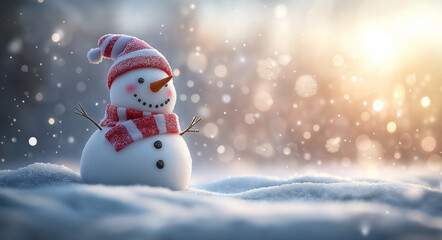 Fototapeta premium Cheerful Snowman With A Red And White Striped Hat And Scarf In A Festive Winter Wonderland: A Smiling Snowman Surrounded By Warm Holiday Lights And Falling Snowflakes, Bringing Christmas Joy