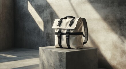 Stylish backpack displayed on a concrete pedestal in a minimalist indoor setting