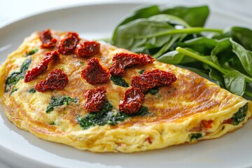 A delicious spinach and sun dried tomato omelette served on a white plate for breakfast