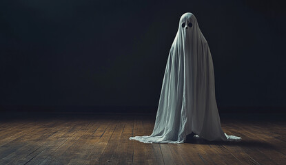 a ghost in a white sheet standing on a wooden floor with a dark background