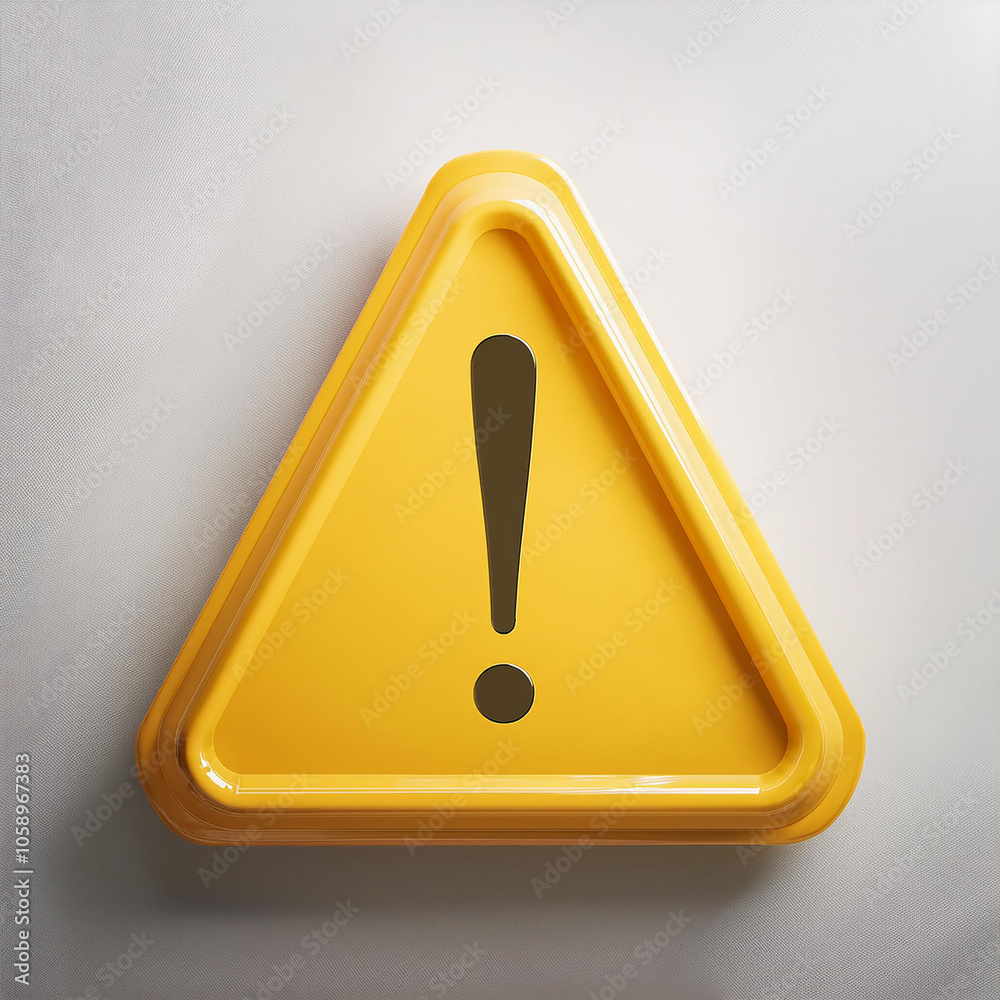 Wall mural plastic yellow triangle shape with exclamation mark on light backdrop. 3d rendering. warning sign.