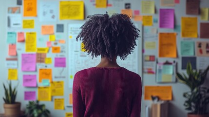 Woman Thinking and Brainstorming Ideas on a Wall with Post-it Notes