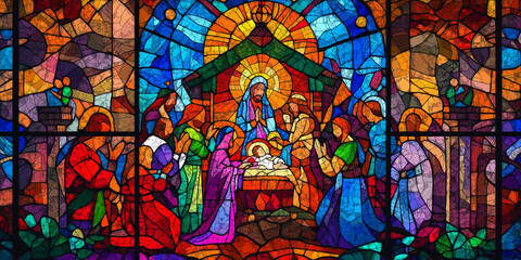 A Stunning Stained Glass Nativity Scene Illuminated By Vibrant Colors Depicting The Birth Of Jesus Christ, With Mary, Joseph, And The Adoring Shepherds And Wise Men Beneath A Star-Lit Sky