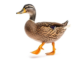 Chubby Duck Waddling with Fluffy Feathers on Bright White Background