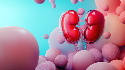 World Kidney Day. Red human kidneys on a pink and blue background. National Organ Donor Day. Horizontal banner. Copy space
