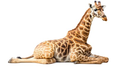 Obraz premium Overweight Giraffe Sitting Lazily on White Background with Copy Space