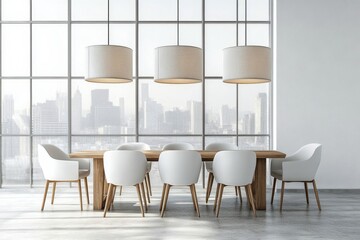 Modern dining area with white chairs and stylish pendant lights in a bright space