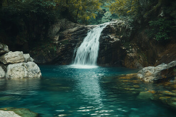 Fototapeta premium A serene waterfall in a dense forest with clear greenish water flowing gently