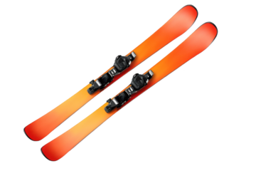 Modern orange alpine skis with bindings on a transparent background