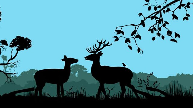 Two deer silhouettes walking in dark forest silhouettes