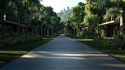 Naklejka premium Modern street lined with lush tropical trees and contemporary houses, featuring a clean pathway and green landscaping under bright sunlight.