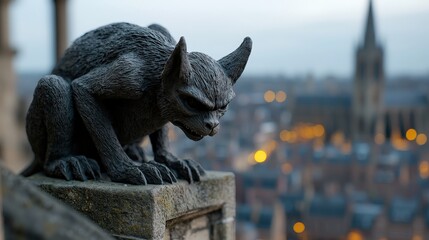 Gothic Gargoyle Statue Perched on Cathedral Rooftop with Cityscape View