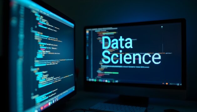 Monitors display data science code, symbolizing analytics and prediction.