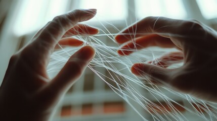 Delicate hands manipulate thin threads against a softly lit background, creating a visual interplay of texture and light.