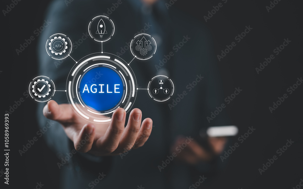 Aufkleber Agile development methodology, Reducing step-by-step work and focusing on team communication. Businessman holding virtual agile icon for process that will help you work faster.
