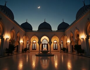 Fototapeta premium The crescent of the holy month of Ramadan illuminates the courtyard of the mosque