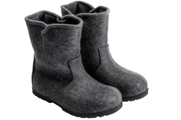 Pair of gray felt boots isolated on transparent background