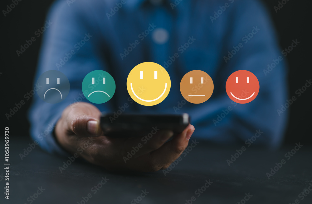 Poster customer satisfaction survey via online application, customers use smartphones to express their feed
