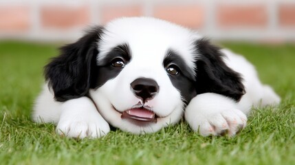 Fototapeta premium Adorable Black and White Puppy Lying on Green Grass